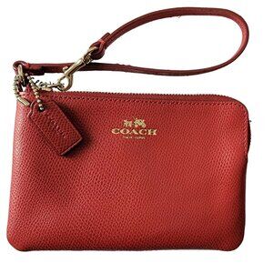 Coach Small Leather Wristlet Bag Corner Zip Purse Red Gold Logo Women Clutch Fun